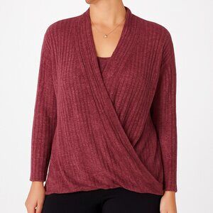 Womens 1X Maroon Ribbed Knit Faux Wrap Sweater High Low Hem Cozy Layering